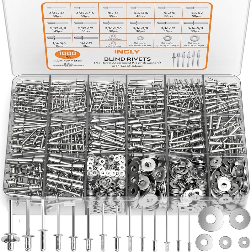 INCLY 1000PCS Aluminum Pop Rivets Assortment Kit, 14 Sizes Pop Rivets (3/32" 1/8" 5/32" 3/16" 1/4") with 5 Size 304 Stainless Steel Backup Washers, Assorted Blind Rivets for Metal with Storage Case - Image 1